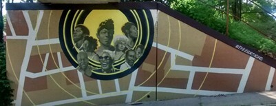 Full view of 2019 version of the Mt. Hope Music Mural featuring a circular portrait of musicians on a map background.