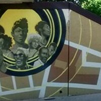 Full view of 2019 version of the Mt. Hope Music Mural featuring a circular portrait of musicians on a map background.